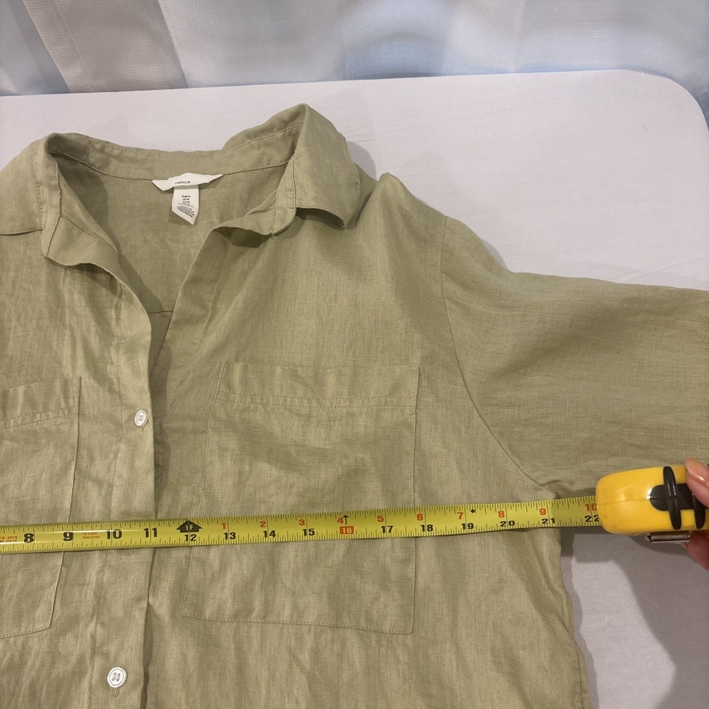 H&M Linen Shirt Sage Women Size Medium Button Front Short Sleeve Coastal Top - Picture 5 of 6
